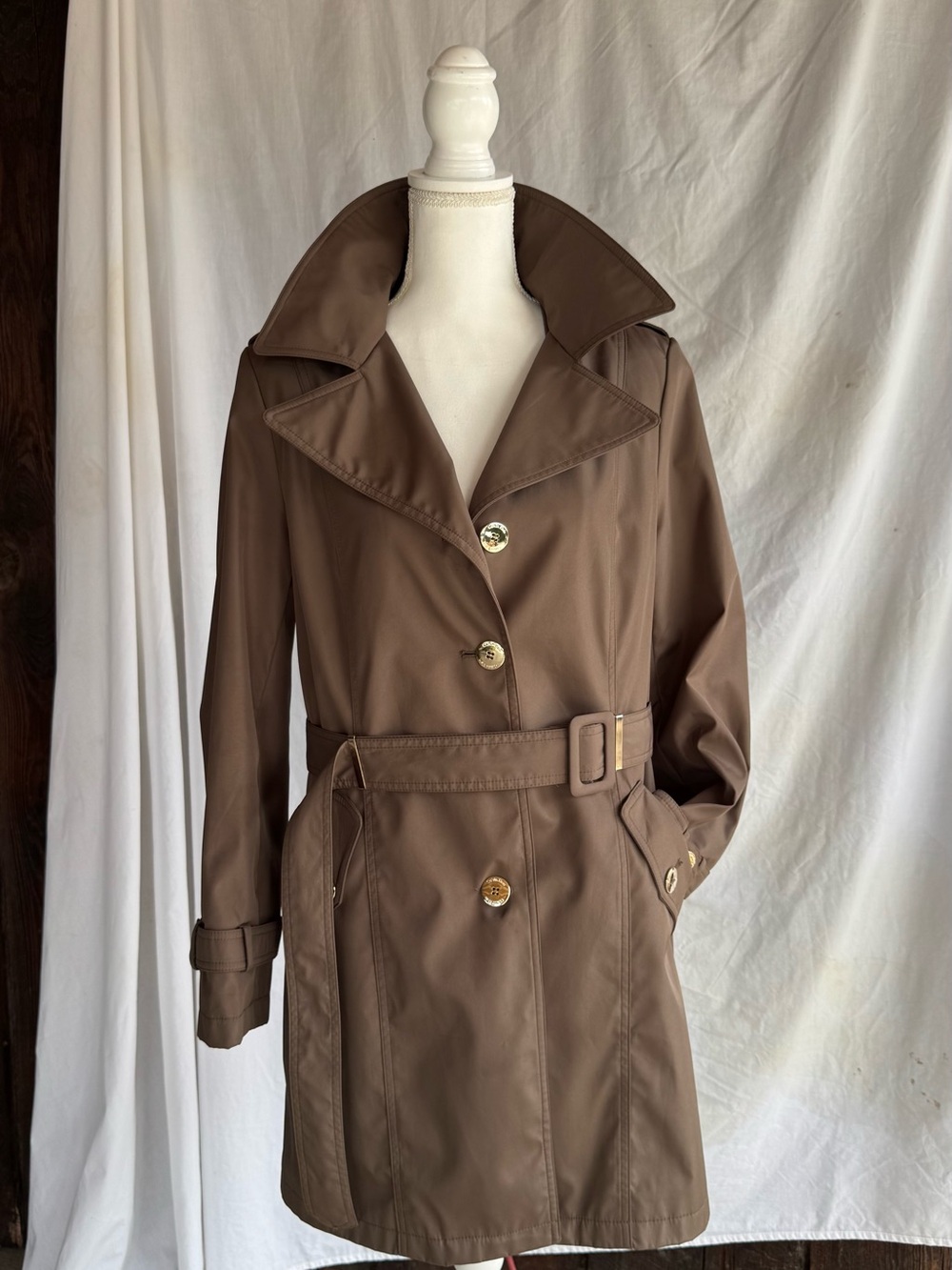 Calvin Klein Brown Belted Trench Coat with Gold Buttons